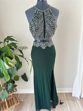 Beaded Halter Evening Dress in Emerald Green